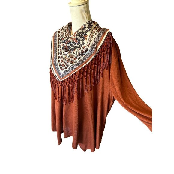 Style & Co Womens Plus Size 3X Rust Tunic Top Removable Fringe Scarf Stretch NEW - Picture 2 of 11